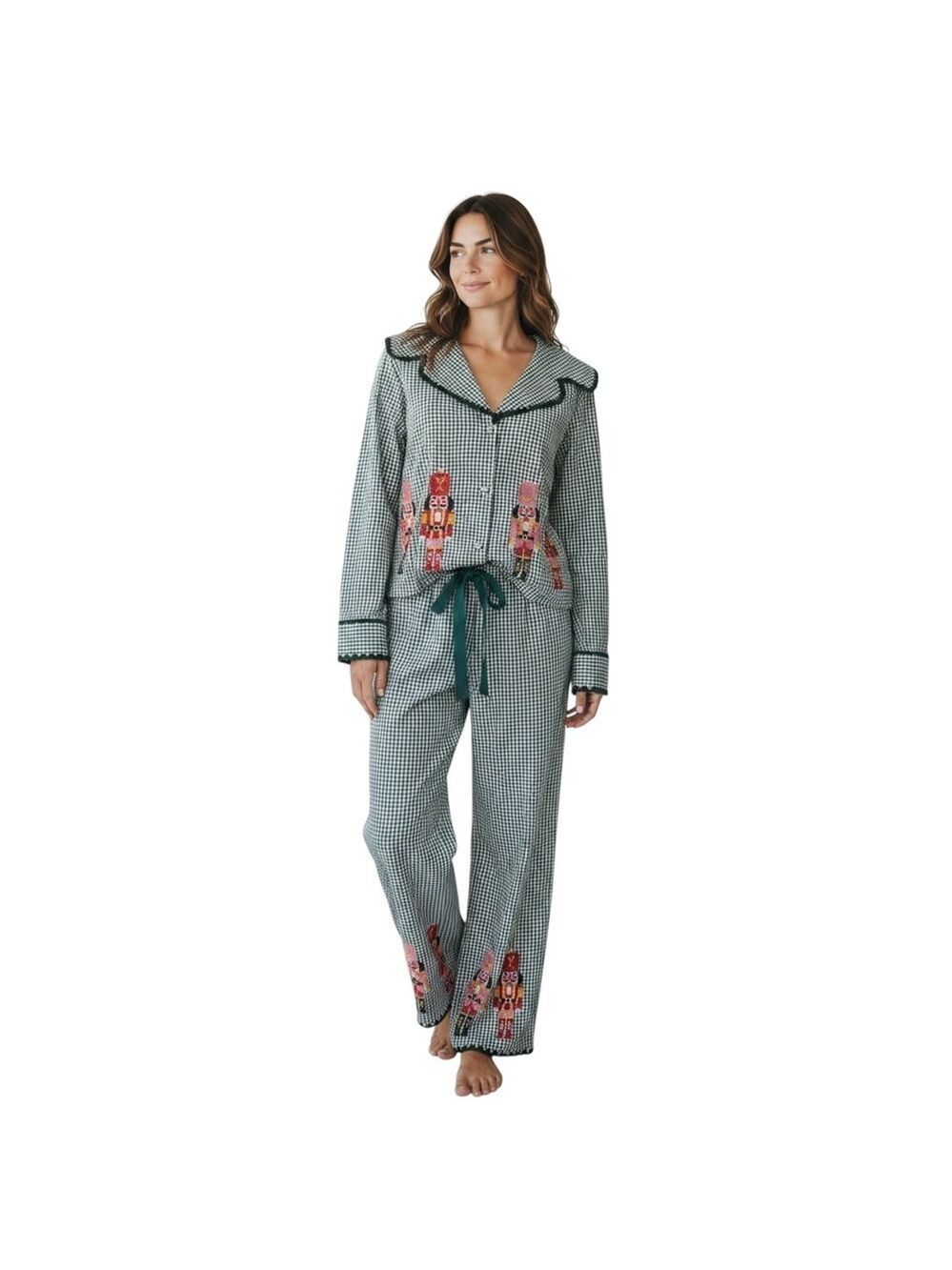 Peach Love California Nutcracker Gingham Pajama Set Green White Large Holiday